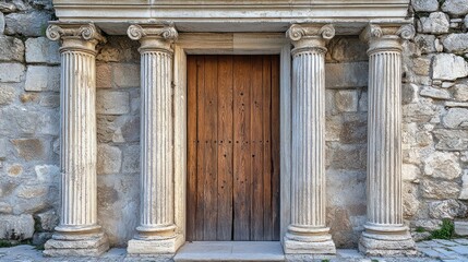 Fototapeta premium Ancient stone columns frame wooden door, ruin backdrop