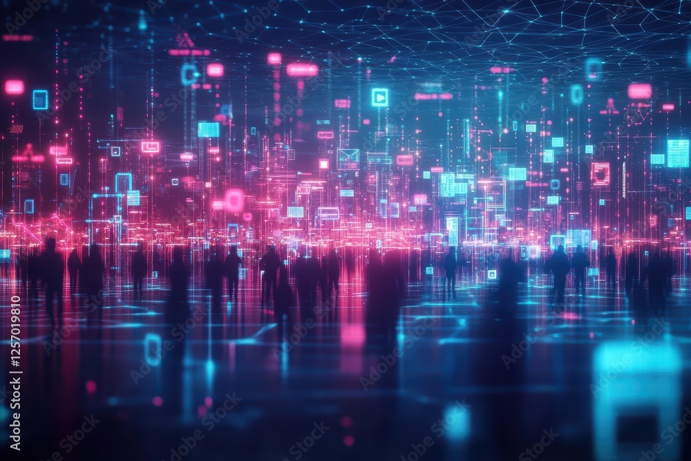 Poster aerial view of a city at night with glowing lights and interconnected lines forming a vibrant urban 