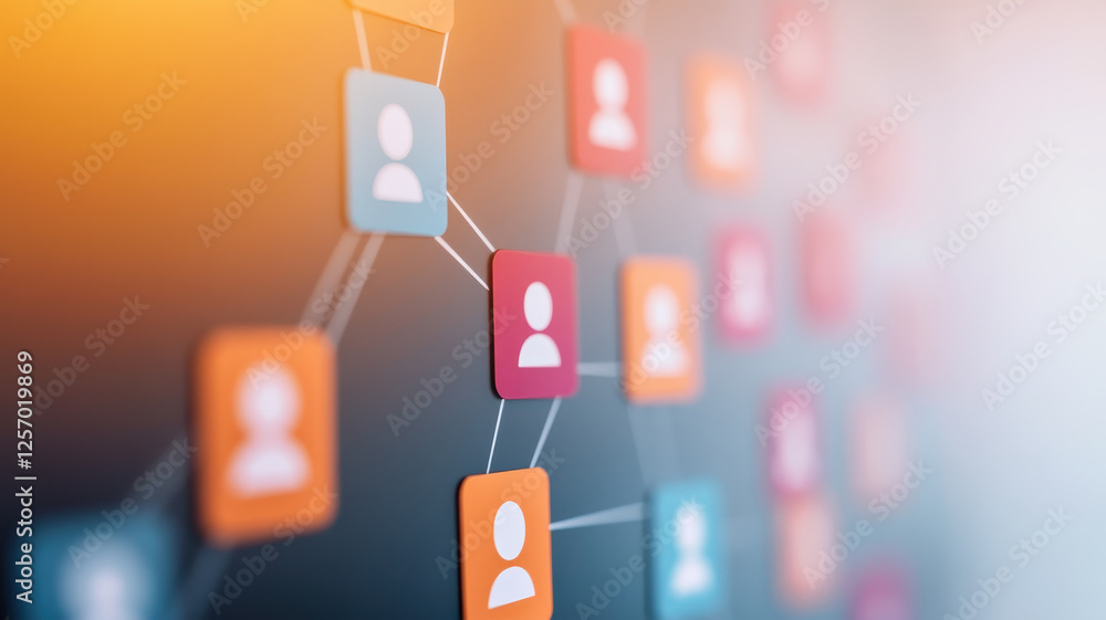 Poster interconnected icons representing network of individuals, showcasing relationships and collaboration