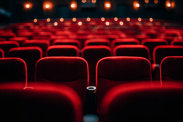 Obraz premium Rows of red seats in a theater with a black background