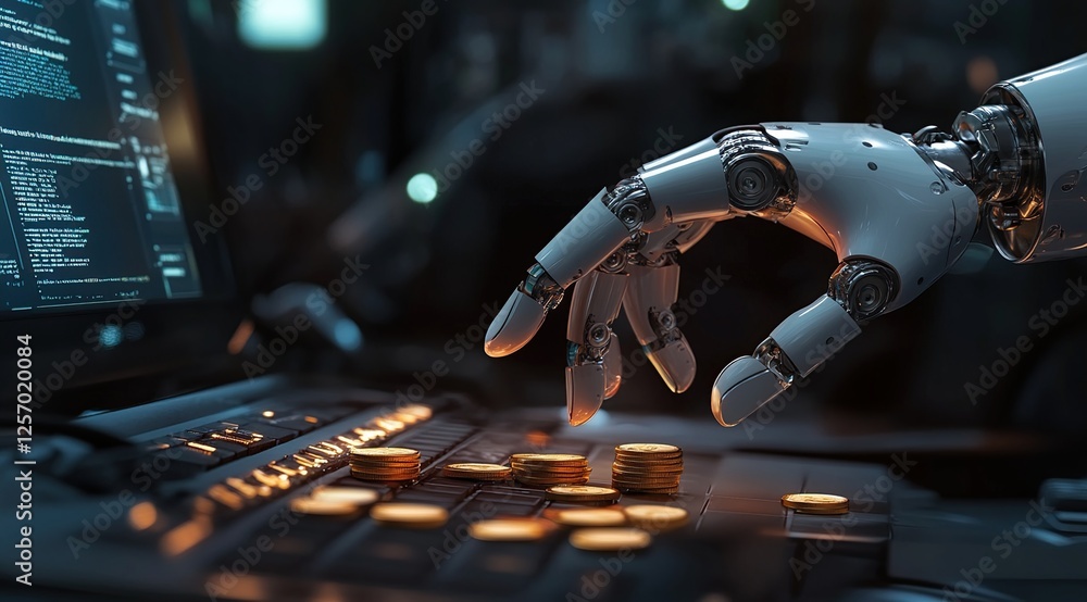 Poster robot hand carefully places coins on keyboard: exploring automation in finance, algorithmic trading,