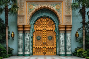 Ornate wooden door with intricate Arabic patterns in a historic building.