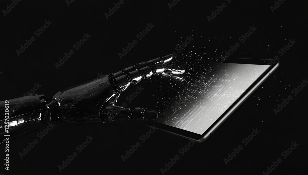 Poster robotic hand interacts with digital tablet screen, showing futuristic technology and data visualizat