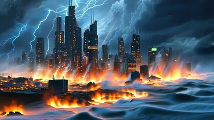 A dramatic city skyline engulfed in flames and dark stormy skies. - Powered by Adobe