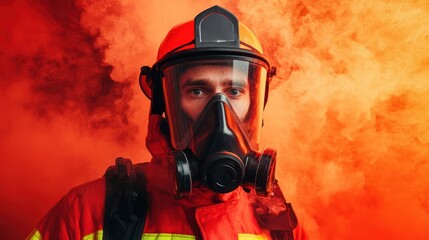A firefighter in protective gear stands against a backdrop of orange smoke, exuding determination and readiness to tackle emergencies.