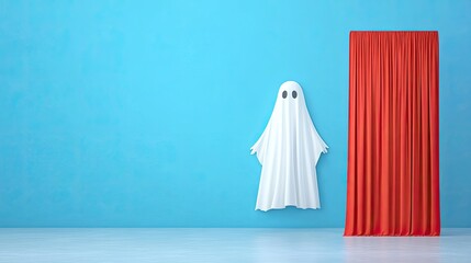 A playful ghost figure stands against a blue wall, next to a red curtain, creating a whimsical atmosphere