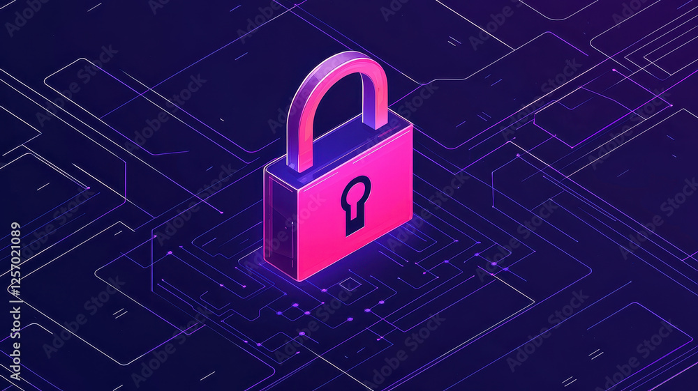 Poster glowing padlock symbolizing cybersecurity in digital network