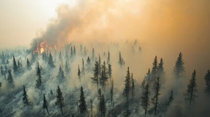 Aerial view of a forest engulfed in smoke and flames, showcasing the devastating effects of a wildfire on trees and the environment.