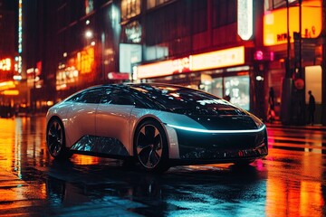 Obraz premium Futuristic Electric Car Drives Through Rain-Soaked City at Night, Reflecting Neon Lights, Sleek Design, Advanced Technology
