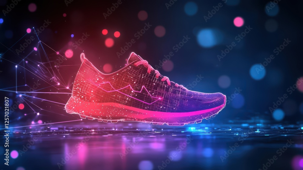 Poster pair of sneakers on a colorful neon background with vibrant lighting and artistic design elements