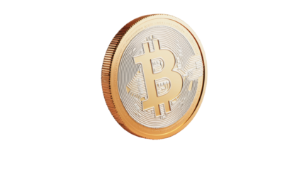 A digital representation of a bitcoin coin isolated on a white background.