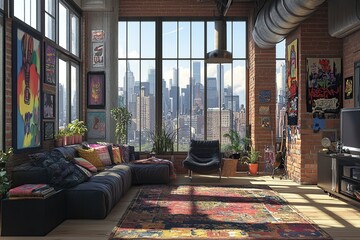 Urban Loft Apartment Decor: City View,  Bohemian Chic Interior Design with Exposed Brick Walls and Artwork