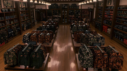 Camo clothing store interior, wooden floors, shelves
