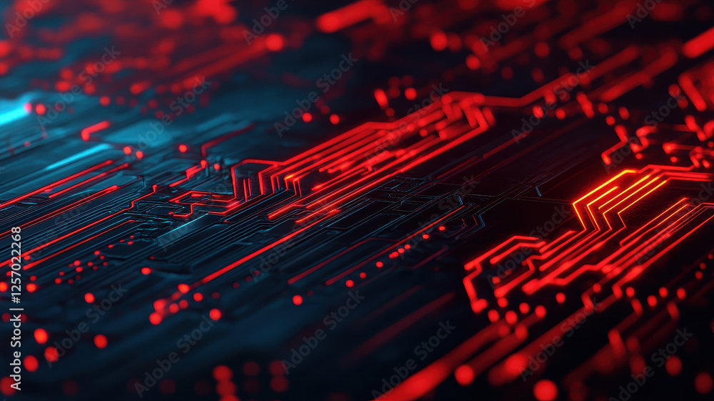 Poster glowing cyber brain network with data pulses in red and blue tones, showcasing intricate circuitry