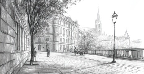 Serene urban sketch depicting a quiet riverside promenade with trees and historic buildings
