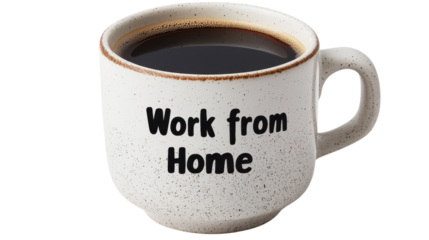A coffee cup with 'Work from Home' message, promoting remote work lifestyle.