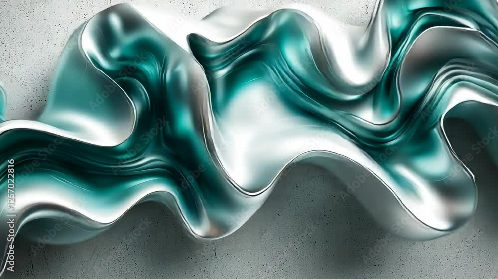 Poster dynamic waves of metallic teal texture flowing in abstract art animation