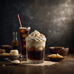 A classic root beer float with vanilla ice cream.
