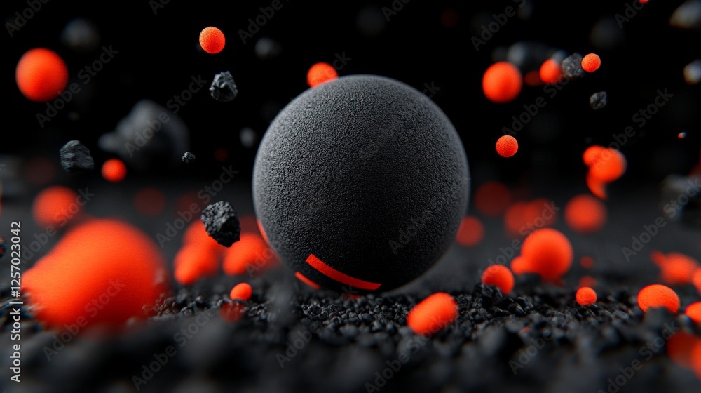 Poster abstract black sphere with floating red and black particles in space