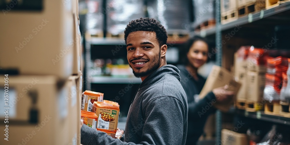 Poster warehouse worker smiles, organizing inventory boxes efficiently in a modern distribution center