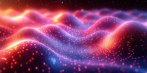 Digital Waves of Binary Code in Surreal Cyberspace Landscape