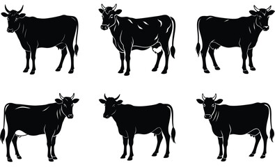 cow silhouette set, farming cow vector icon illustration