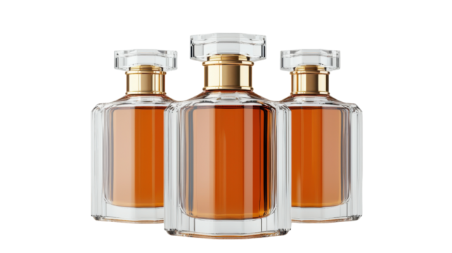 Three elegant perfume bottles filled with amber liquid, isolated on a white background.