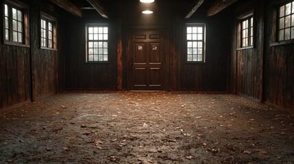 Rustic barn interior, door, autumn leaves, dark wood