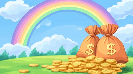 Bags of gold coins under a rainbow fantasy landscape illustration colorful sky whimsical scene