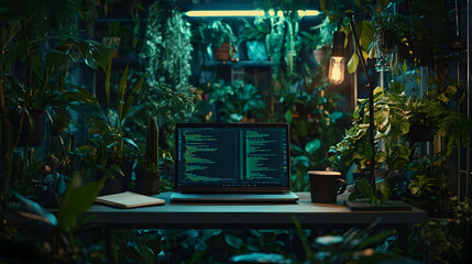 Night programmer coding amidst plants