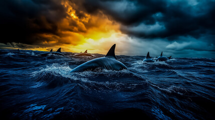 Shark Fins Circling in Ominous Waters