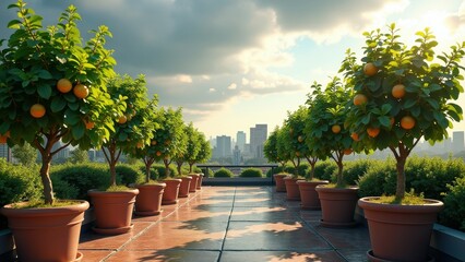 Obraz premium Urban rooftop garden with potted orange trees and city skyline view 