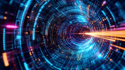 Obraz premium Abstract digital tunnel with vibrant glowing lines and particles showing speed and technology advancement