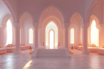 Obraz premium Serene pink palace interior, sunlit arches, marble floor, calm background