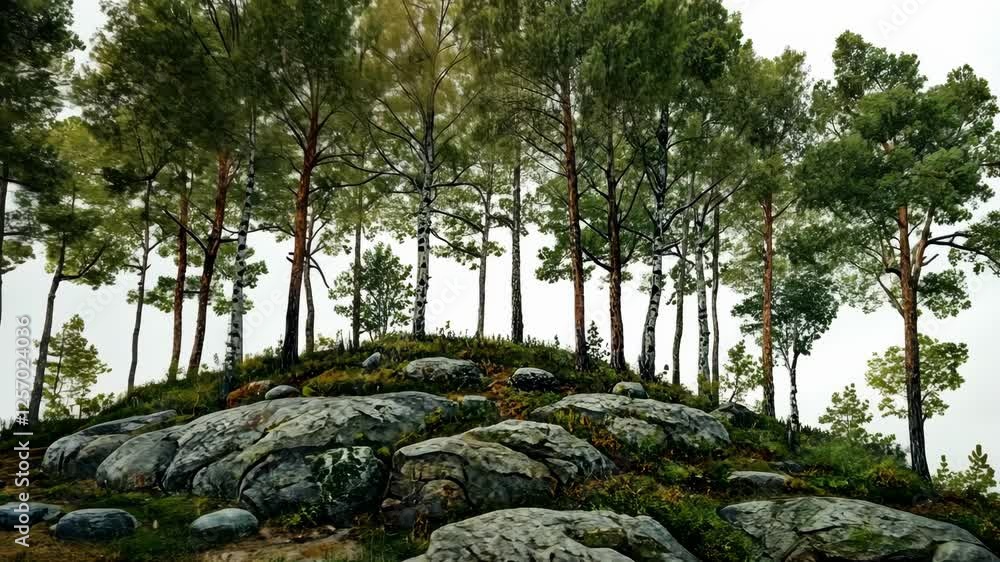 Poster forest landscape with tall trees and rocky terrain in a tranquil setting during overcast weather