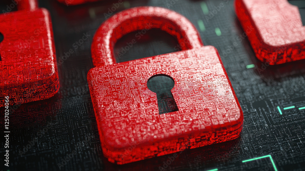 Poster high tech cybersecurity interface featuring glowing red padlocks, symbolizing data protection and se