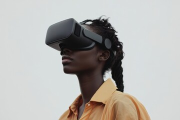 Close-up of a focused Black woman in a VR headset, capturing the essence of a virtual experience, isolated white background.
