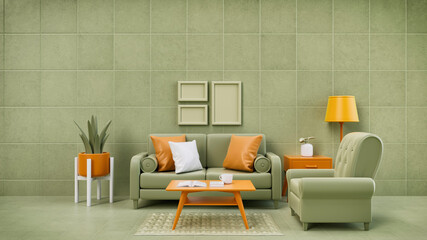 Modern Living Room with Green Sofa and Neutral Tones – 3D Rendering Illustration