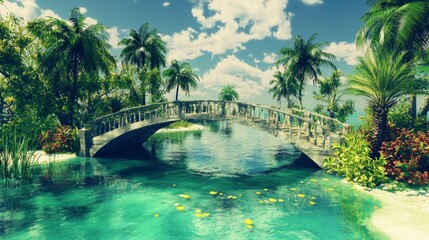 Obraz premium Serene Tropical Paradise with Exotic Palm Trees and Quaint Bridge Over Crystal Clear Waters
