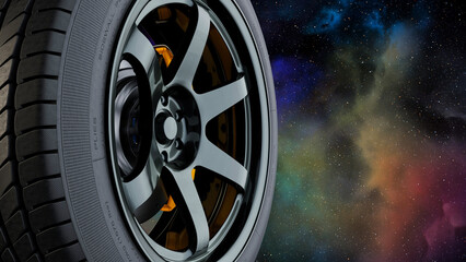 High-Performance Car Wheel with Cosmic Background – 3D Rendering Illustration