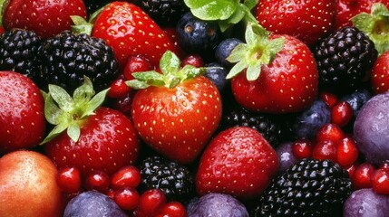 Fototapeta premium Fresh Juicy Berries Mix Strawberries, Blueberries, Blackberries, Raspberries and Cranberries