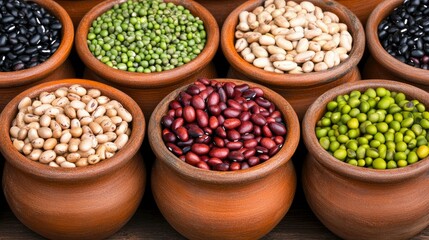 Fototapeta premium Assorted Dried Beans in Earthenware Pots