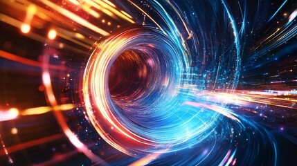Obraz premium Abstract speed tunnel effect with glowing particles and lines of light motion