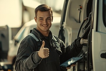 Vehicle Mechanic Uses Digital Tablet for Diagnostics, Showing Thumbs Up, Repairing Truck Efficiently Outdoors