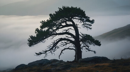 Obraz premium The Silent Pine on a Misty Mountain: A lone pine tree stands tall on the edge of a misty mountain, surrounded by rolling fog.