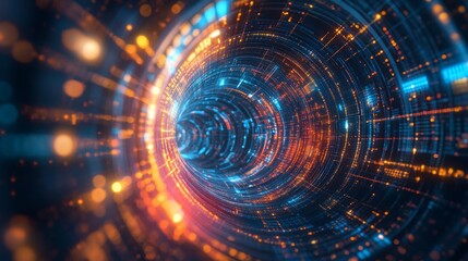 Obraz premium Abstract digital tunnel with glowing orange and blue particles flowing through space
