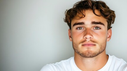 Obraz premium Portrait of a Young Man with Wavy Brown Hair, Serious Expression