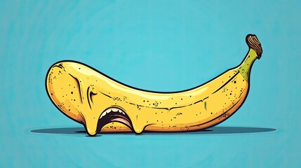 A cartoonish banana with a sad expression, melting on a bright blue background, evoking humor