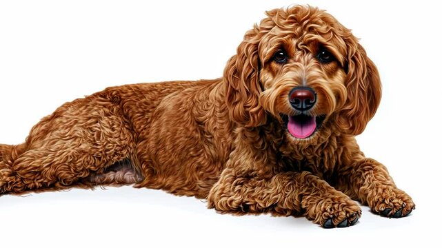 Happy brown dog lying on a white background with a playful expression and fluffy fur