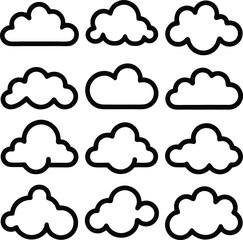 Twelve Simple Cloud Icons Outline, Weather, Design Elements